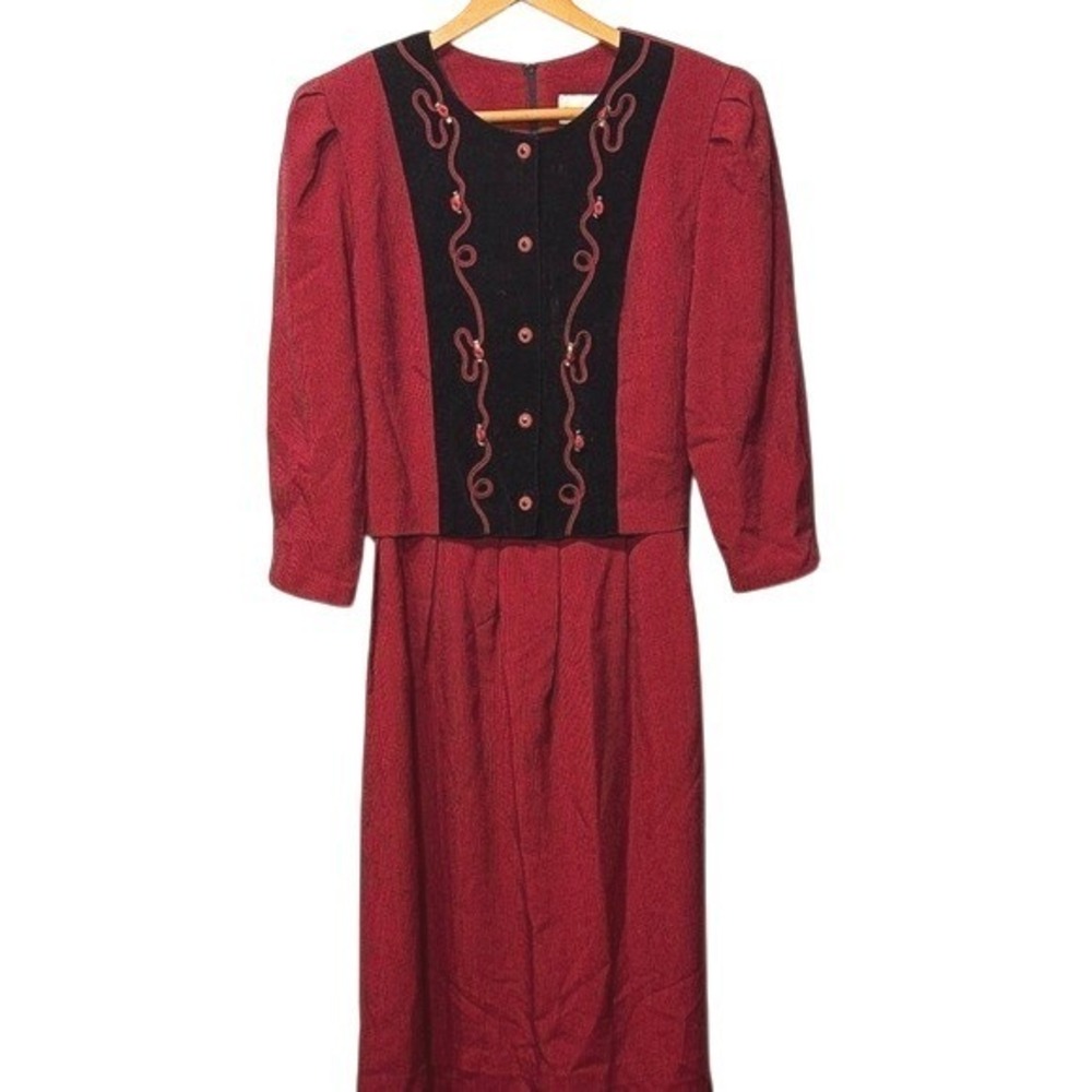 Vintage Miss Dorby Red Black Velvet Trim‎ Cottagecore Folk Retro Dress Size 14